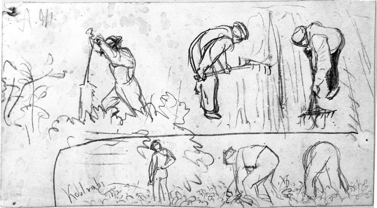 Zimmermann beim Sägen, Gärtner bei der Arbeit