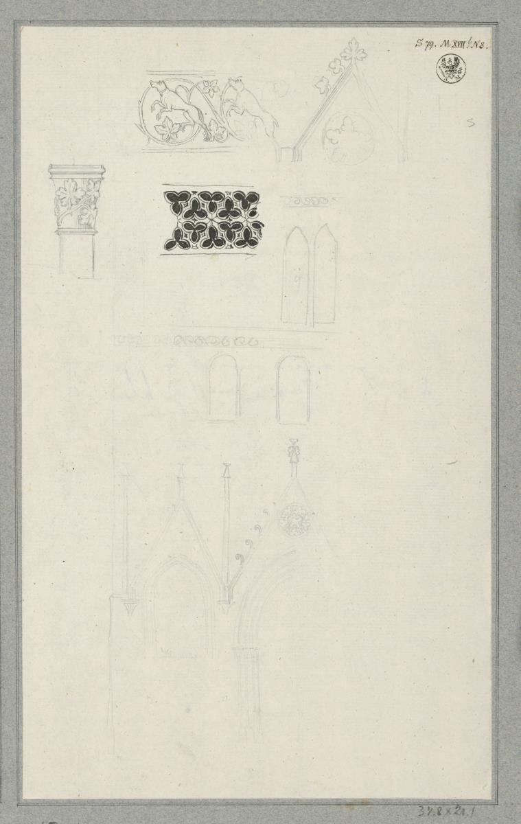 Kloster Chorin. Details von dem Gitterfenster am Nordgiebel und dem Tierfries am Südgiebel des sogenannten Brauhauses, von dem neuen Pfortenhaus und einer Konsole im Portalgewände desselben