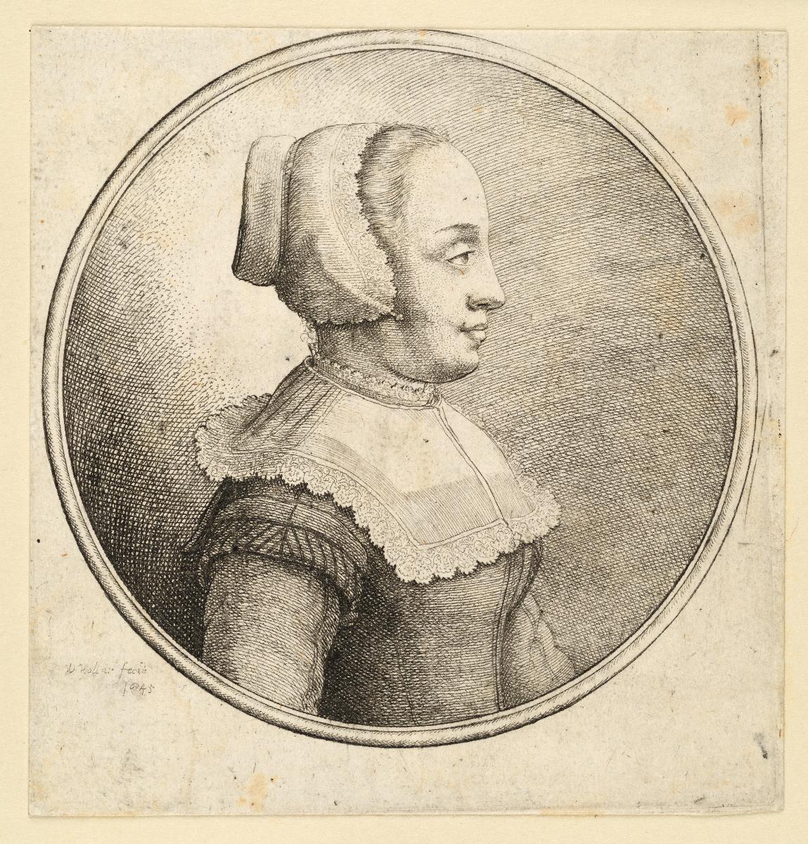 Frau mit Kantenhaube und Ohrnadel