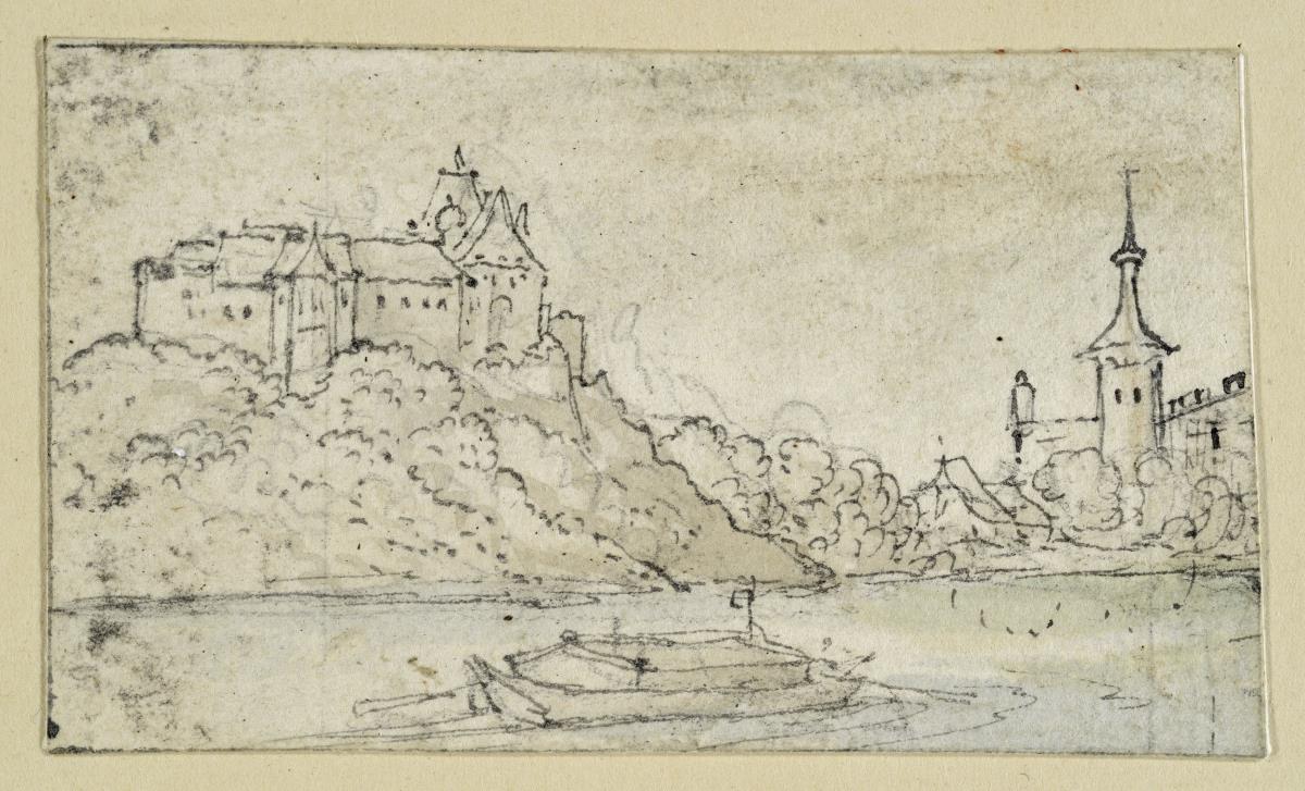 Ein Fluß, an dem links eine Burg auf. einem Berge, rechts ein Dorf liegt