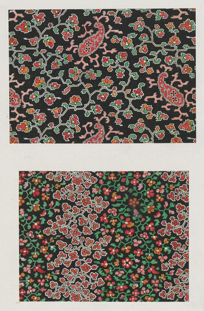 Kattunpapier (zwei Muster mit gerasterten floralen Motiven)