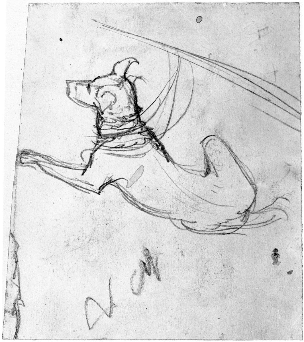 Liegender Hund nach links, an der Stange angeleint