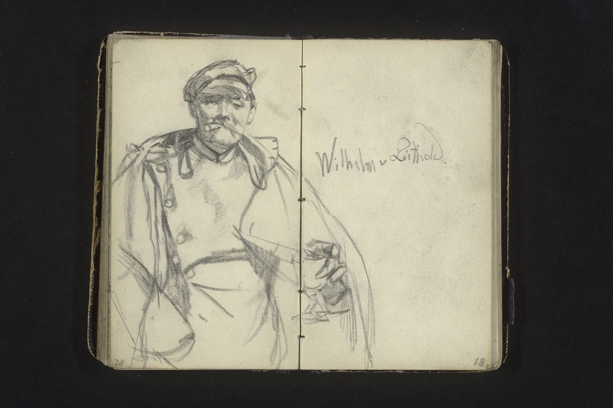 Wilhelm von Leithold, in Uniform und Mantel, eine Zigarre im Mund und Weinglas in der Linken