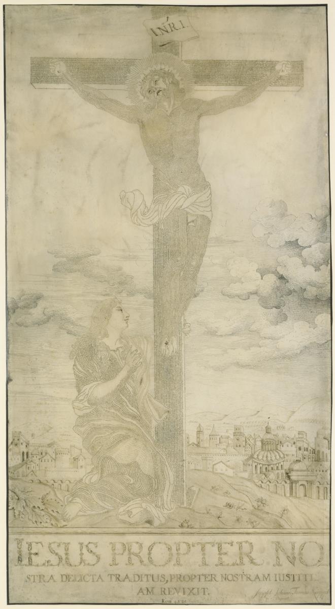 Mikrographische Darstellung Magdalenas unter dem Kreuz Christi