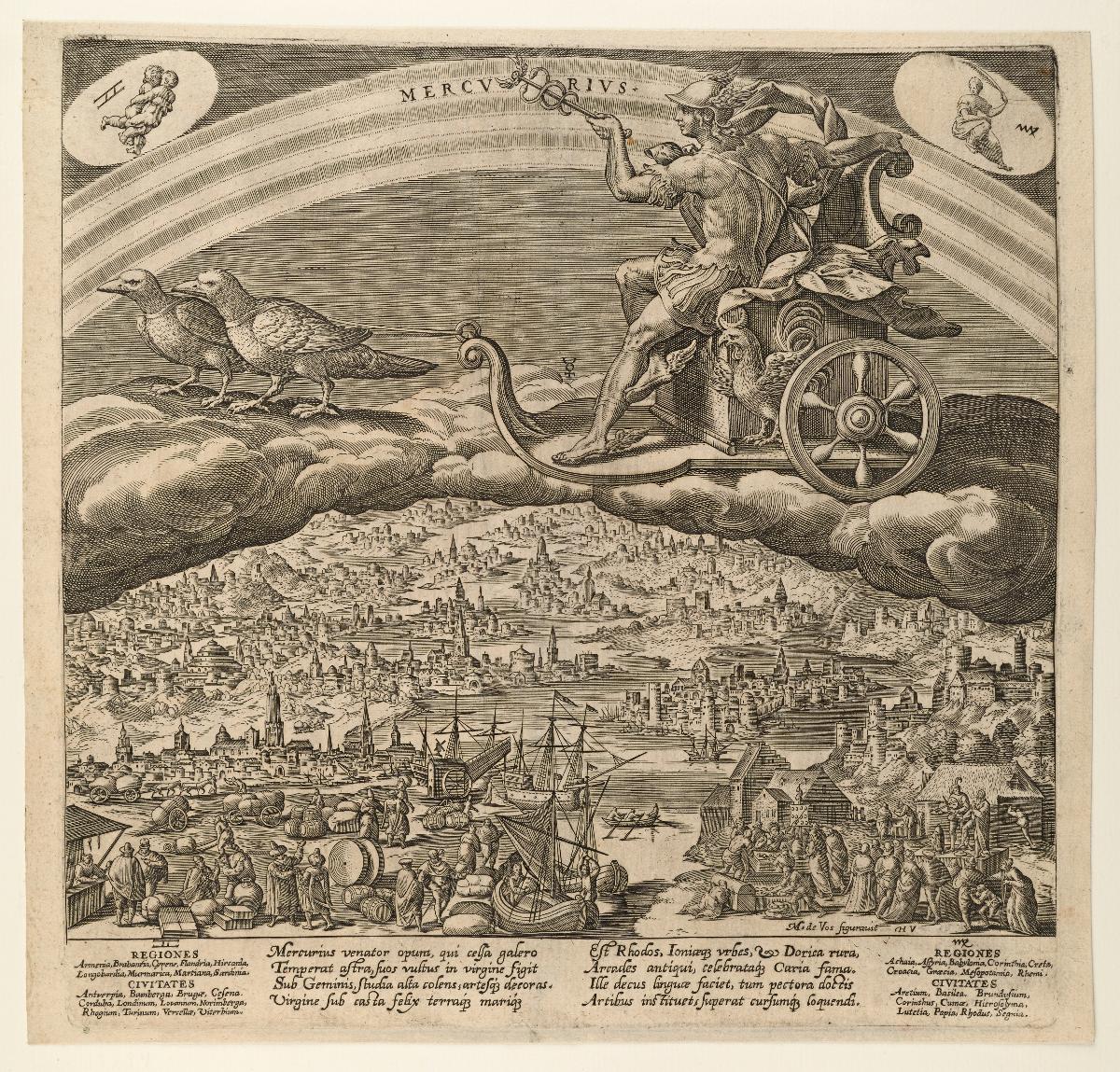 Mercurius im Wagen auf Wolken über die Welt fahrend