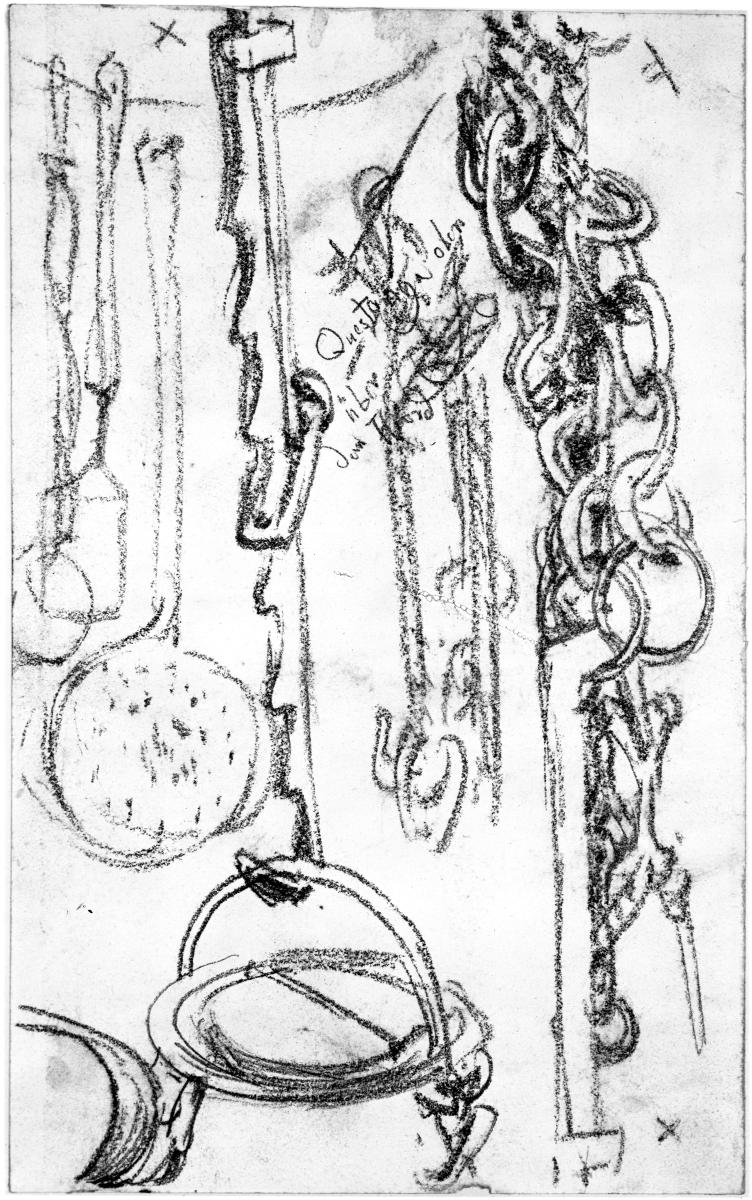 Verschiedenes Küchengerät (Schöpflöffel, Kessel am Haken, Stangen mit Haken, Ketten)