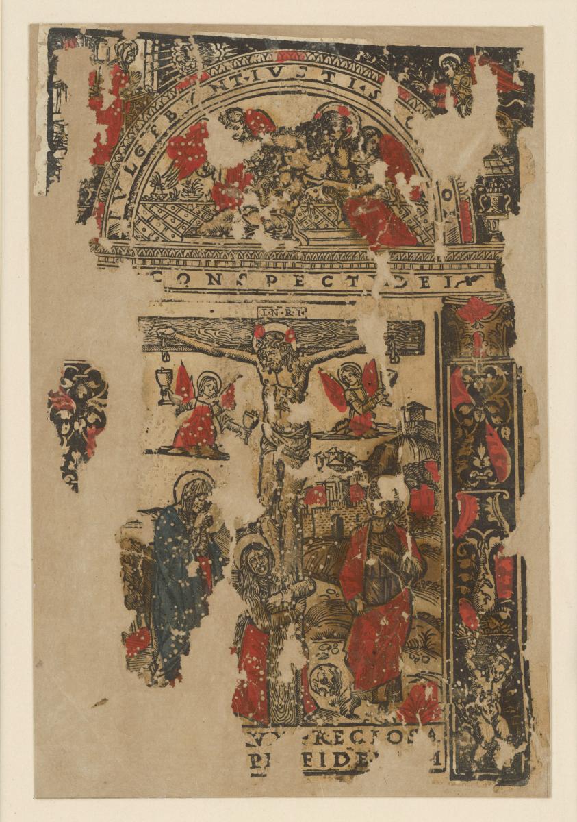 Christus am Kreuz mit Engeln, die das Blut auffangen