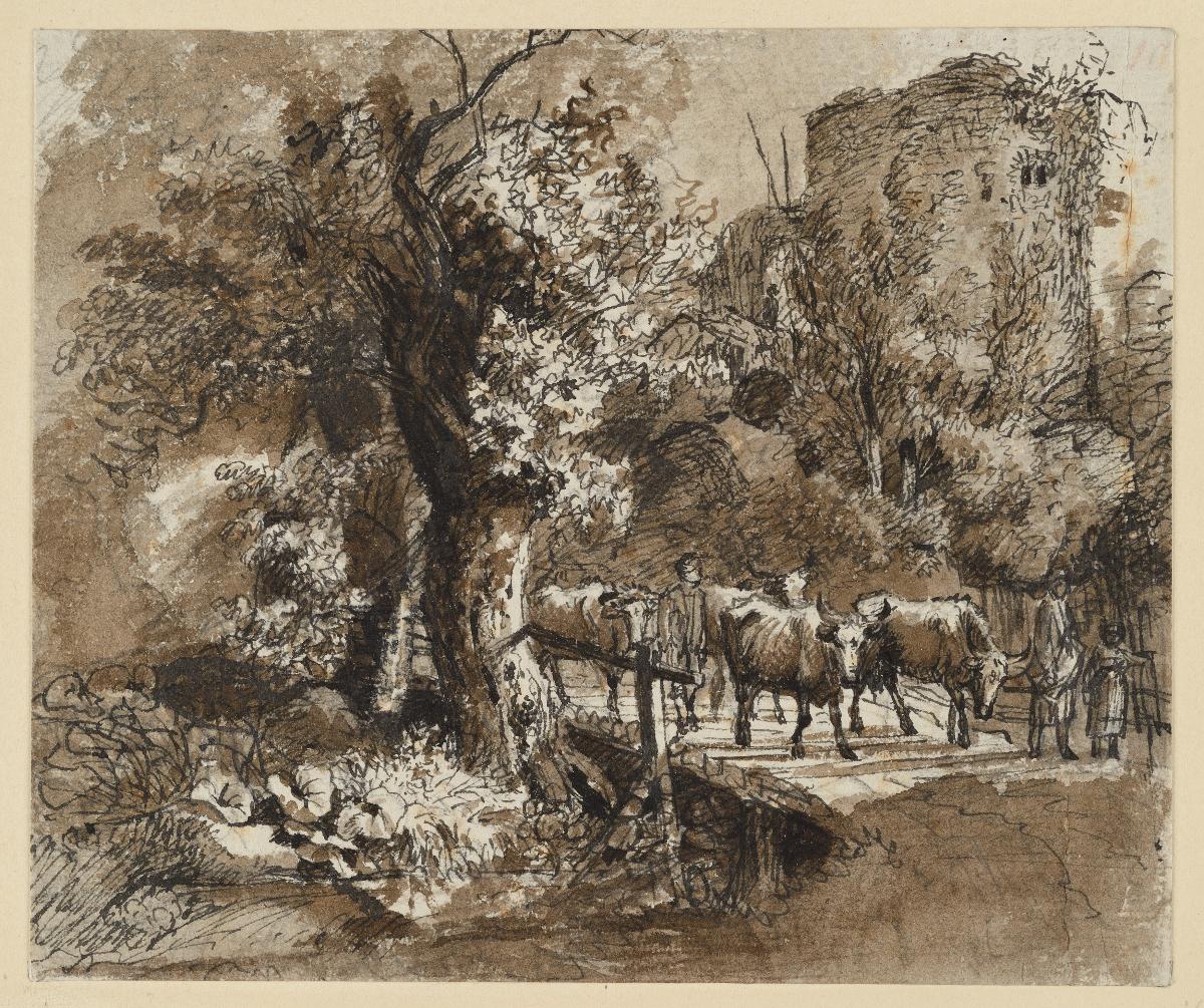 Landschaft mit Turm und Bäumen, vorn Landleute und Kühe auf einr Holzbrücke