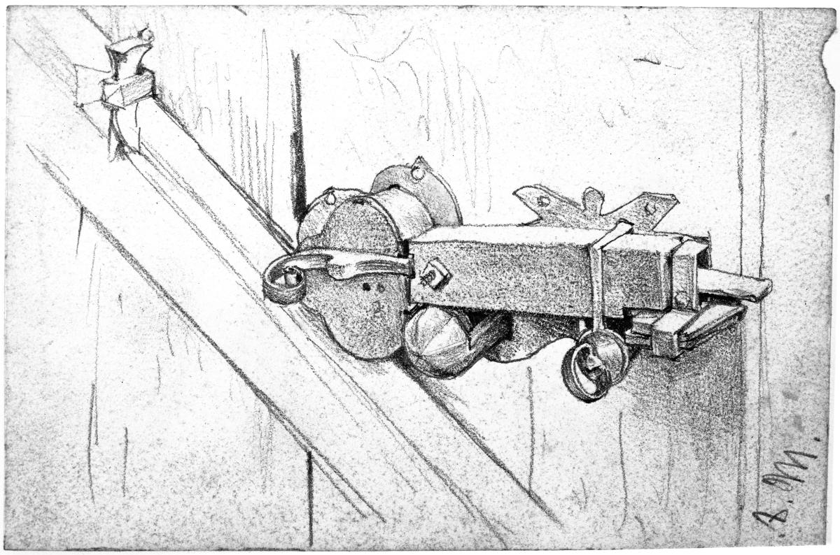 Altes Türschloss mit Riegel an einer groben Holztür