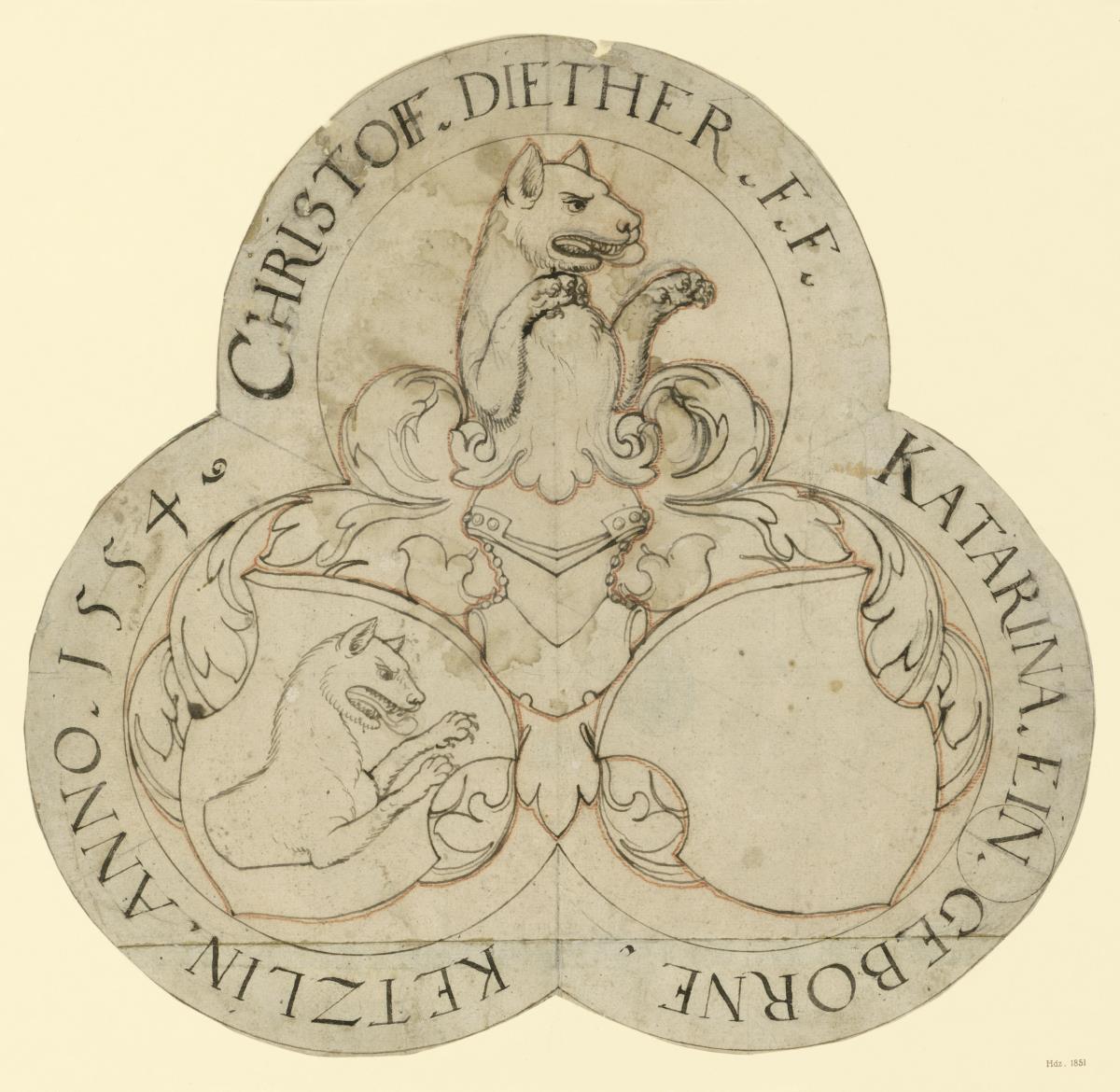 Wappen in Dreipaßform mit zwei Schilden, in dem einen die Halbfigur eines Wolfes