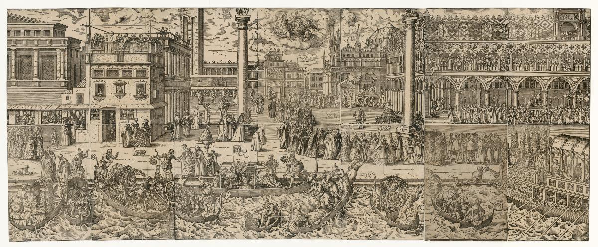 Prozession des Dogen in Venedig zum Staatsschiff (Bucintoro) am Himmelfahrtstag mit einer Ansicht von Venedig