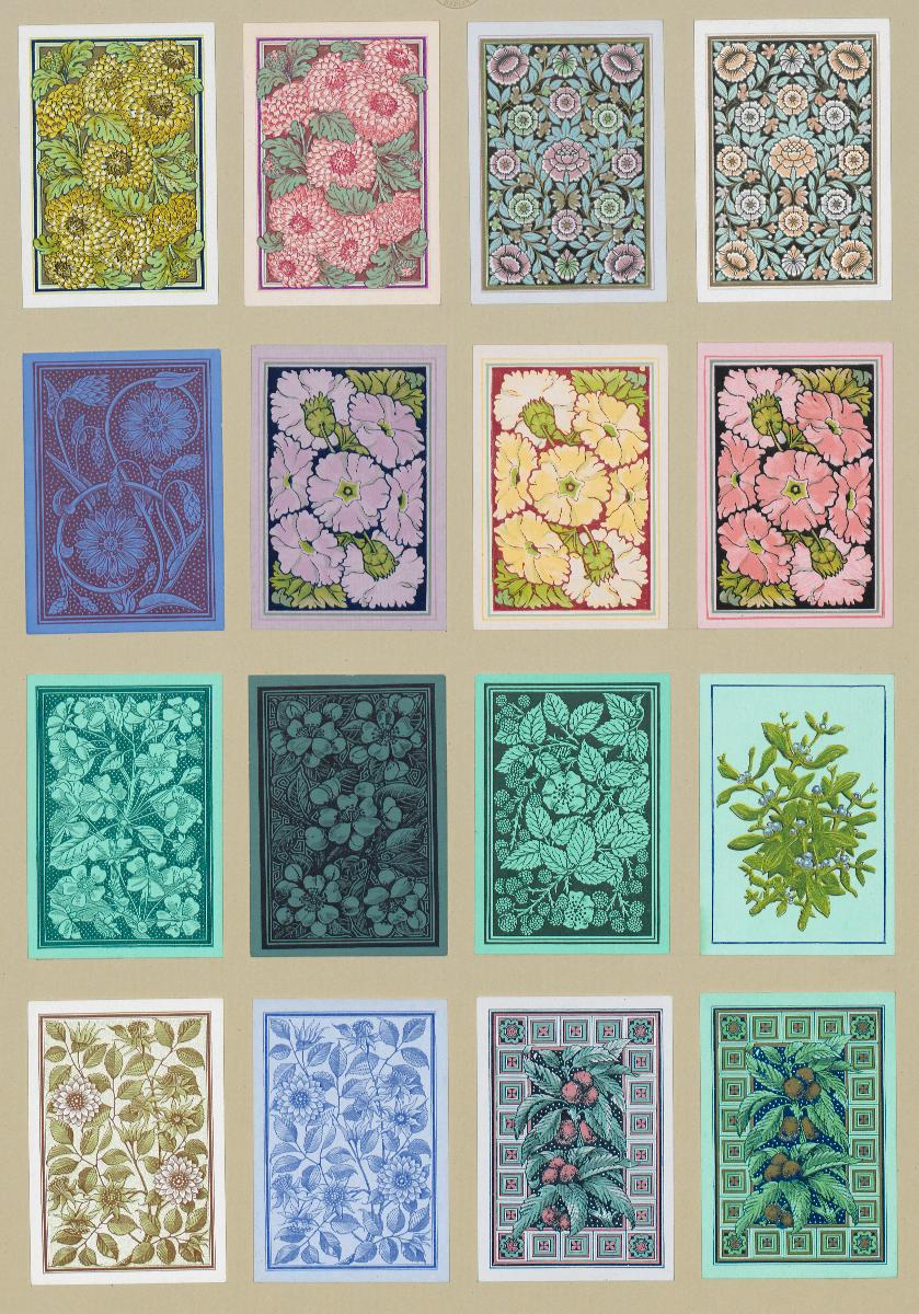 Rückseiten von Spielkarten mit Blüten- und Fruchtzweigen (16 Karten)
