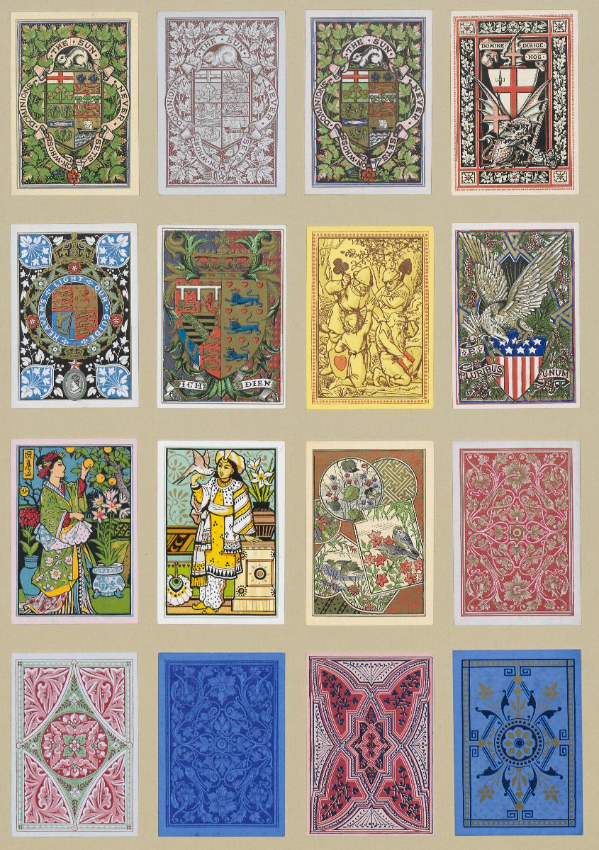 Rückseiten von Spielkarten mit Wappen, figürlichen und ornamentalen Darstellungen (16 Karten)