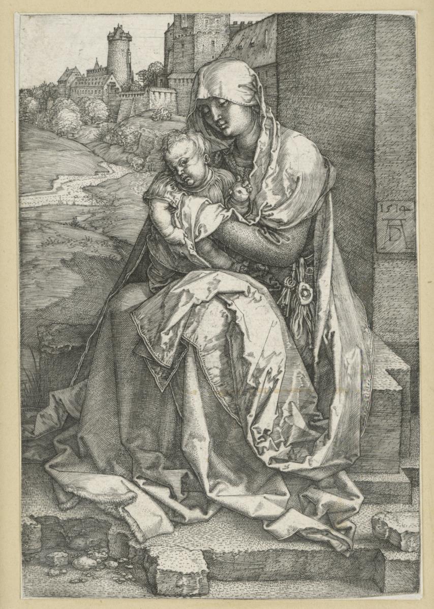Maria mit Kind vor einer Mauer sitzend