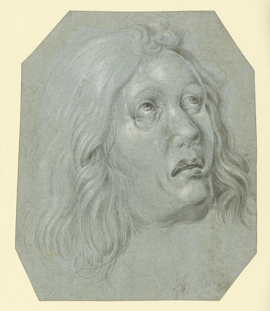 Kopf eines weinend nach rechts emporblickenden, bartlosen Apostels (Johannes)