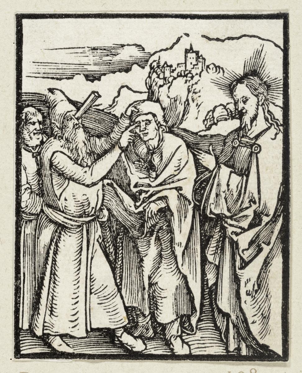 Das Gleichnis vom Splitter und Balken (aus: Postilla, 43 Holzschnitte)