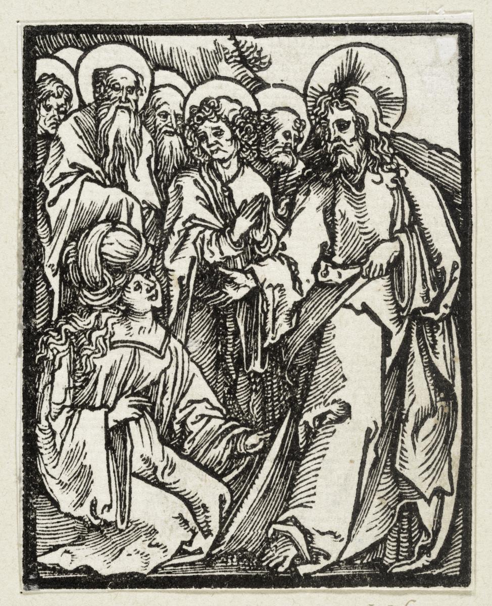 Christus und das Weib mit dem Blutgang (aus: Postilla, 43 Holzschnitte)