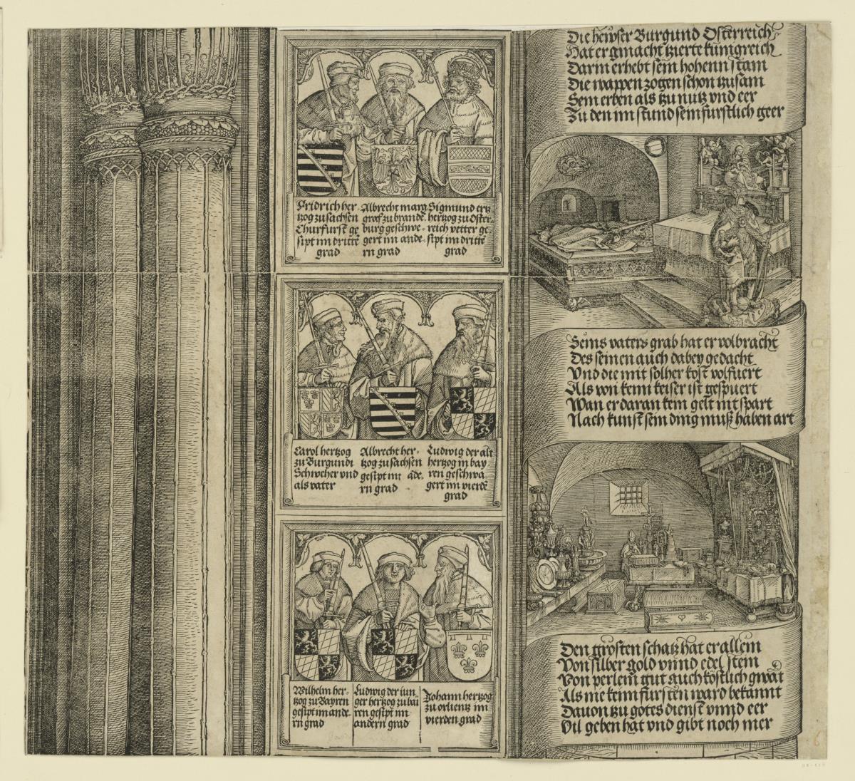 Der Triumphbogen des Kaisers Maximilian I. (29): Der Säulenschaft der rechten Außensäule, Mauerstück mit drei Königsreliefs und Turmabschnitt mit zwei historischen Szenen