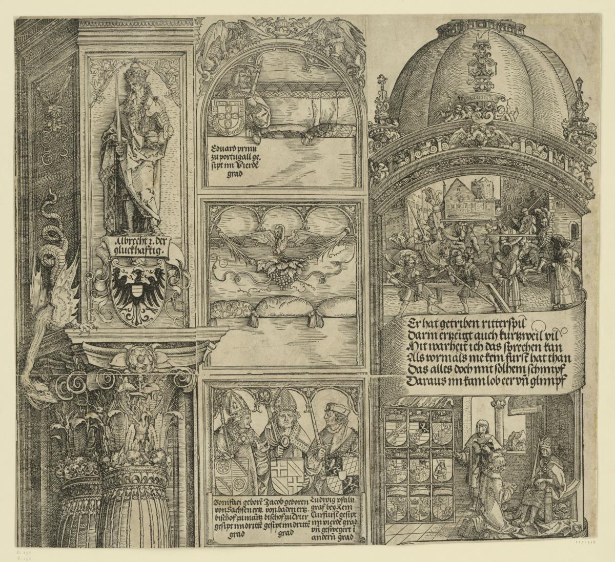 Der Triumphbogen des Kaisers Maximilian I. (30): Kapitel und Aufsatz der rechten Außensäule, Abschluß des Mauerstücks und die Kuppel des Turms samt zwei historischen Szenen