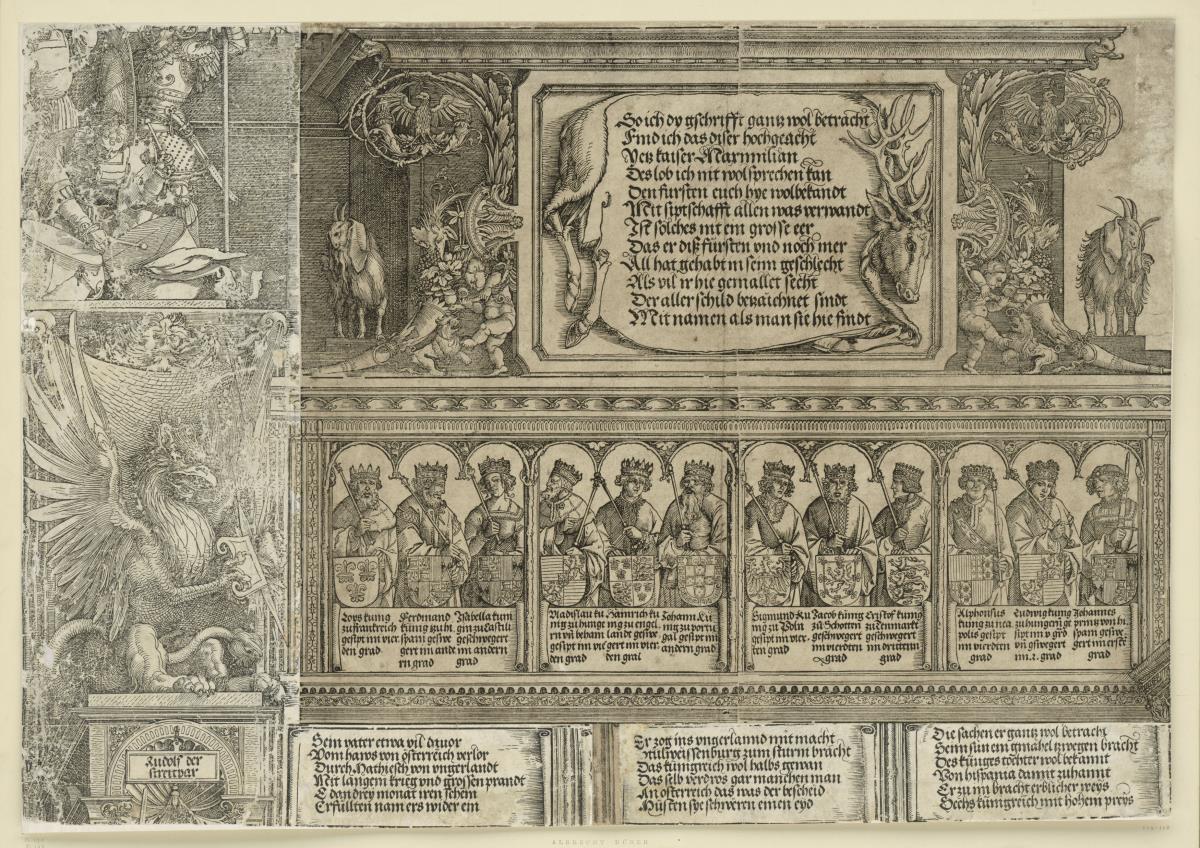 Der Triumphbogen des Kaisers Maximilian I. (25): Inschrifttafel und Königsgalerie von dem rechten Portal samt Aufsatz der Mittelsäule