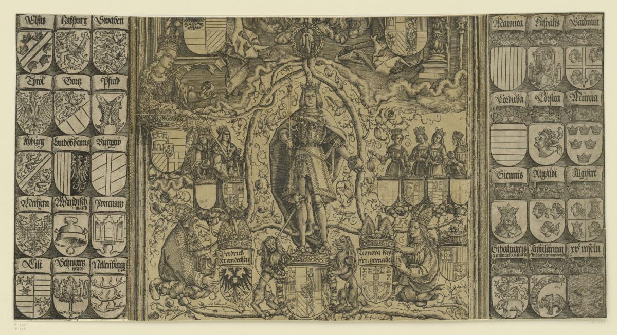 Der Triumphbogen des Kaisers Maximilian I. (6): Der Kaiser als junger Erzherzog, stehend zwischen Reihen von Wappen