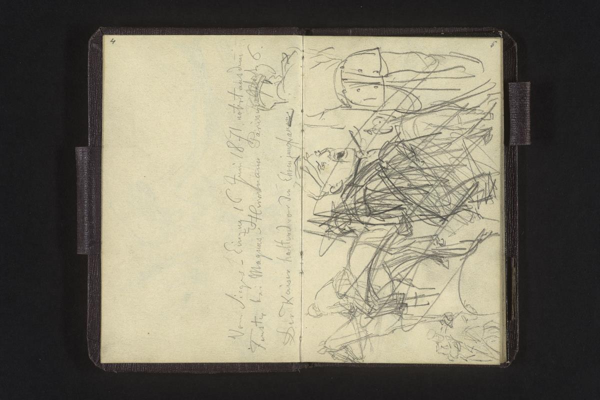 Vom Sieges-Einzug 16. Juni 1871 notiert aus dem Fenster bei Magnus Herrmann Pariser Platz 6. Der Kaiser haltend vor den Ehrenjungfrauen.