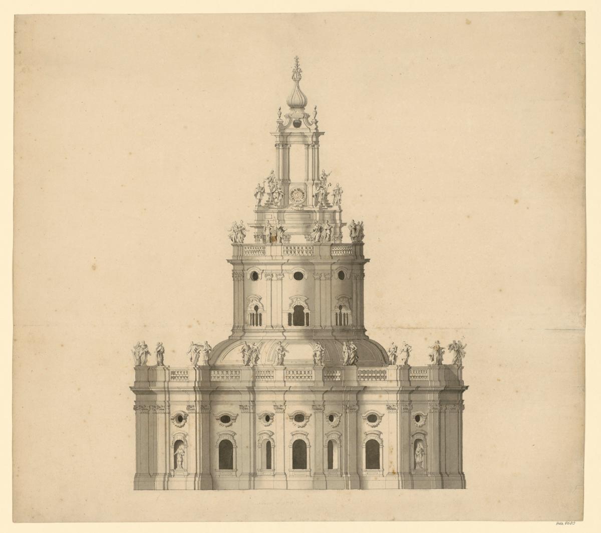 Aufriss der rückwärtigen Fassade der katholischen Hofkirche in Dresden