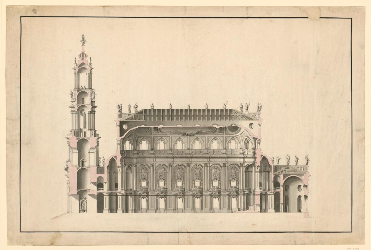 Längsschnitt der katholischen Hofkirche in Dresden