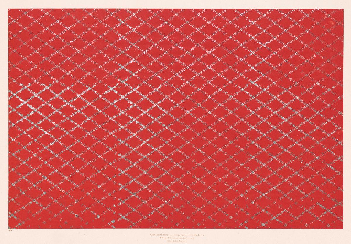 Walzendruckpapier mit Silberdruck (Gitternetz über rotem Grund, nach alten Mustern)