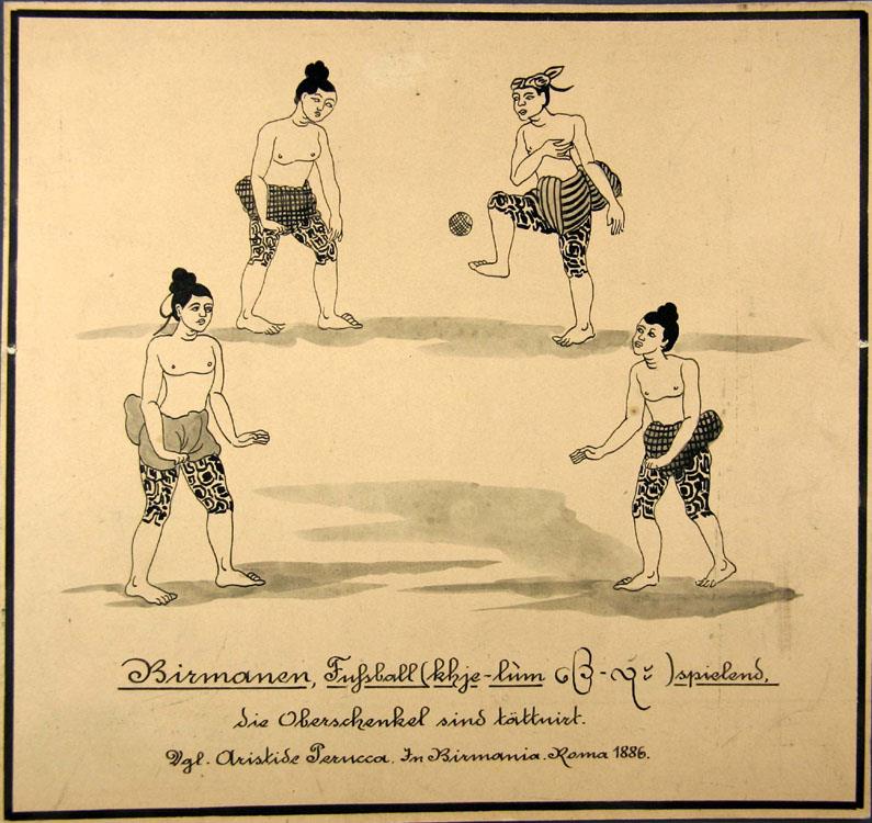 Birmanen, Fußball (khje-luùm) spielend.