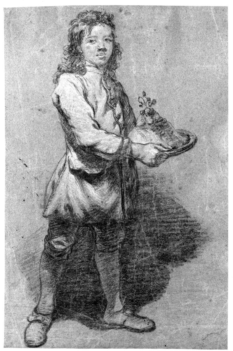 Aufwartender Knabe, in ganzer Figur, nach rechts schreitend, mit einer Kuchenschüssel in den Händen