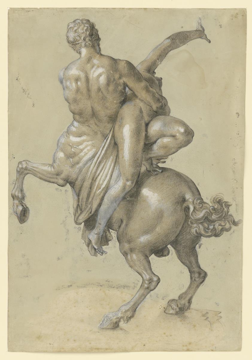 Bronzestatuette: Nessus und Deianira, Ansicht schräg von hinten mit Andeutung des Sockels