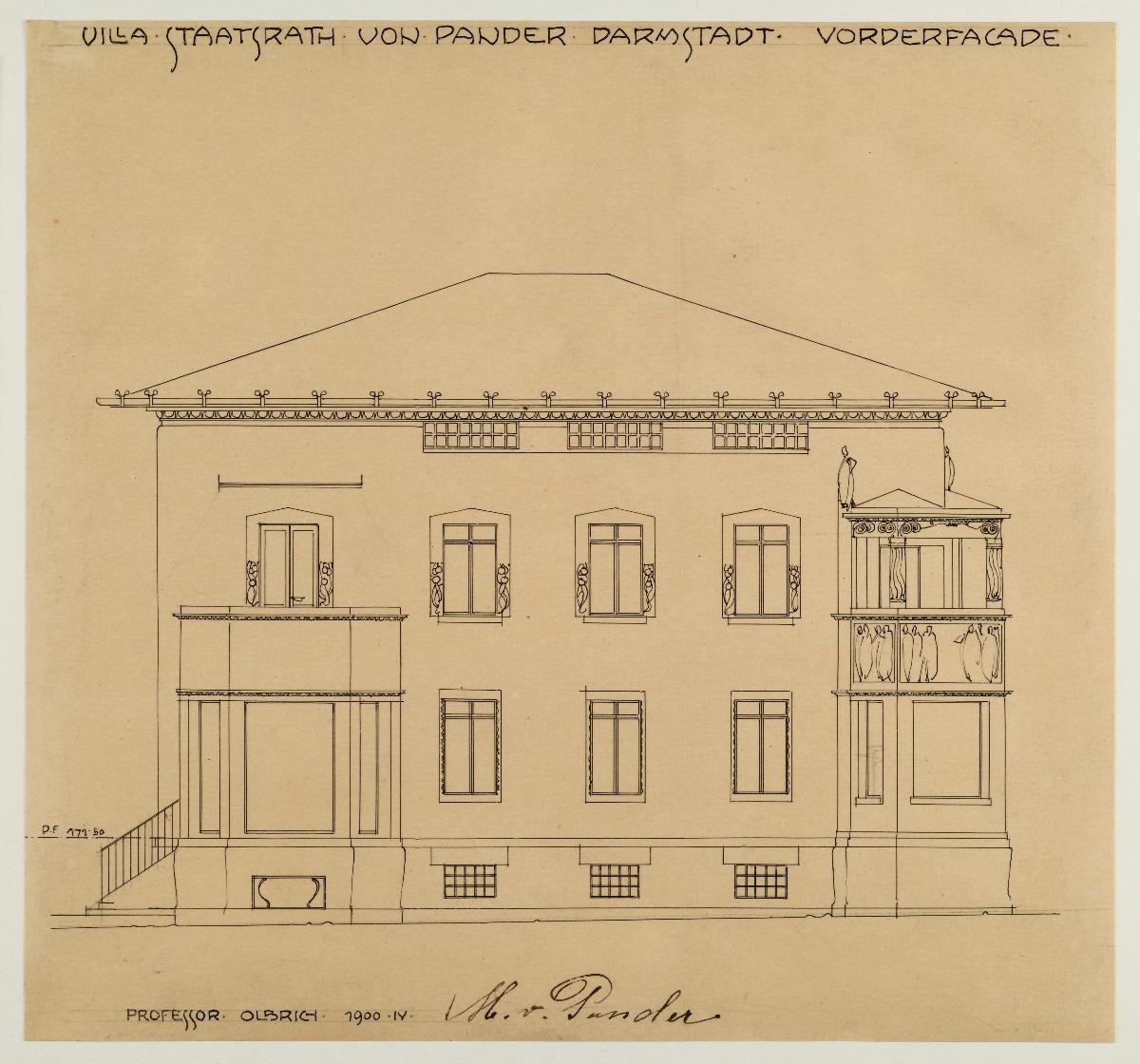 Darmstadt, Projekt Wohnhaus und Stallgebäude für Dr. von Pander, Aufriss der Hauptfassade des Wohnhauses