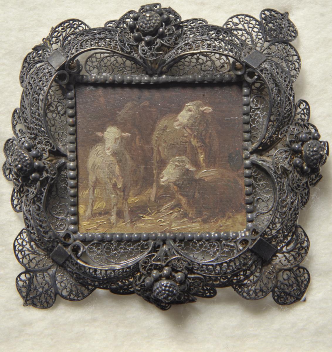 Schafe im Stall. Miniatur aus der Sammlung Loewe