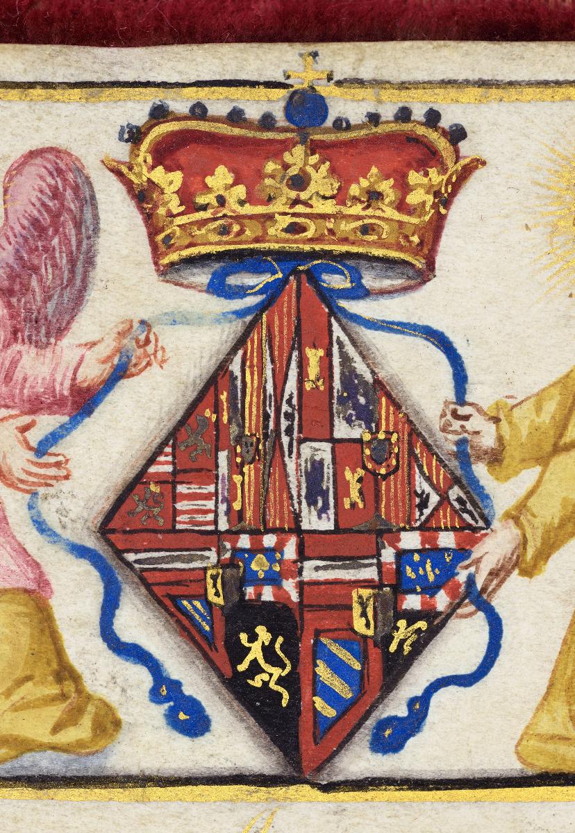 Ex libris mit Wappen und Inschrift der Clara Eugenie von Spanien