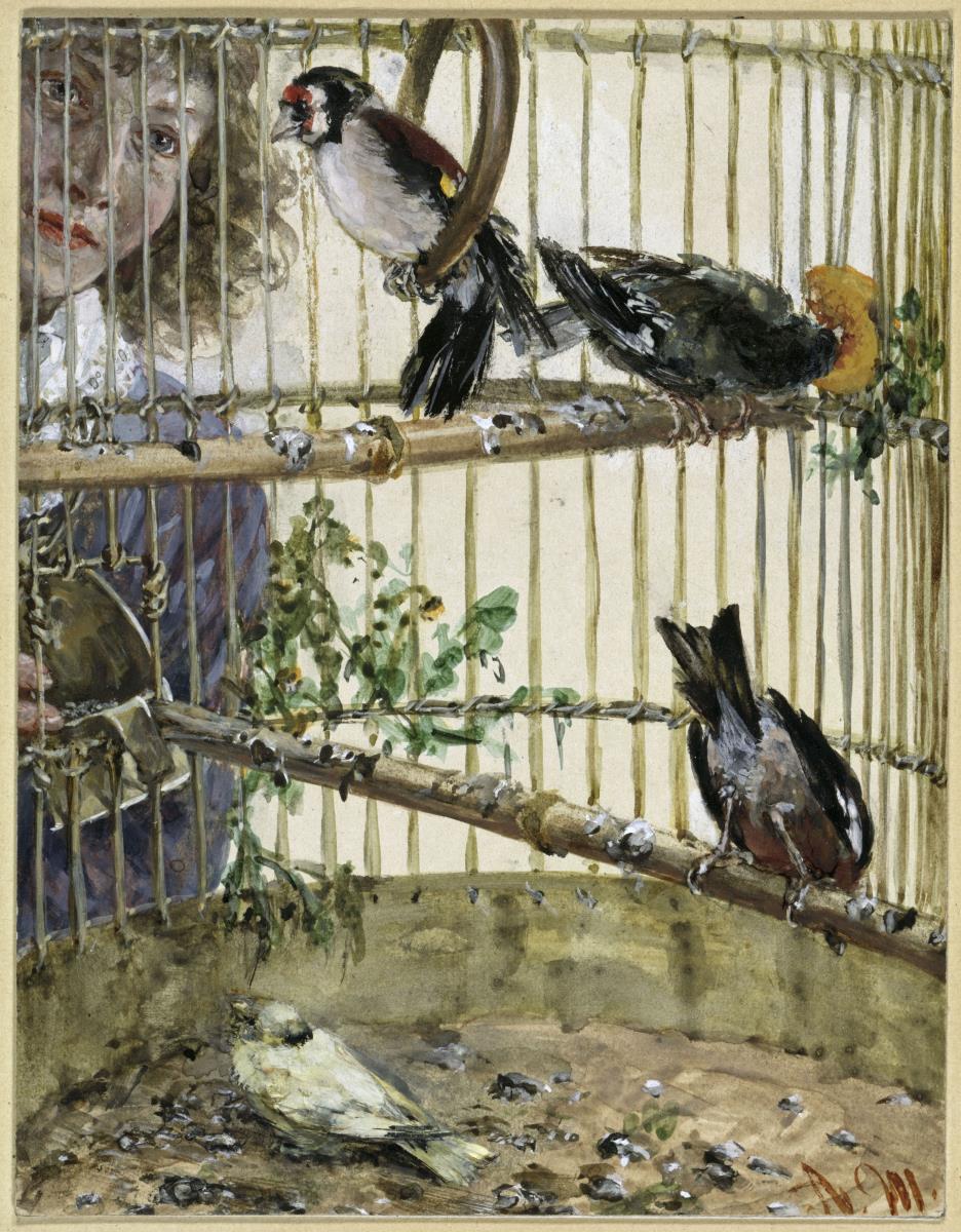 Die Distelfinken und der Kanarienvogel im Bauer. Aus dem "Kinderalbum"