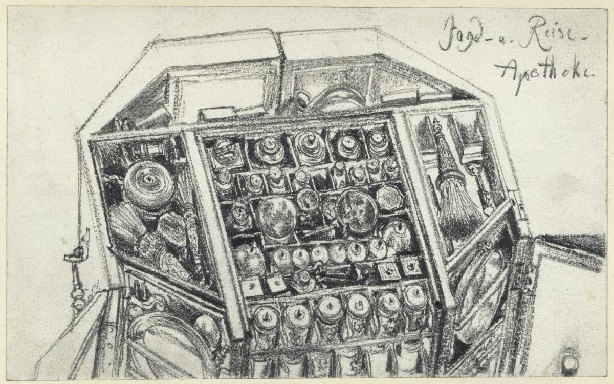 Blick von oben in den geöffneten Jagd- und Arbeitstisch Kurfürst Johann Georgs I. von Sachsen, Historisches Museum, Dresden