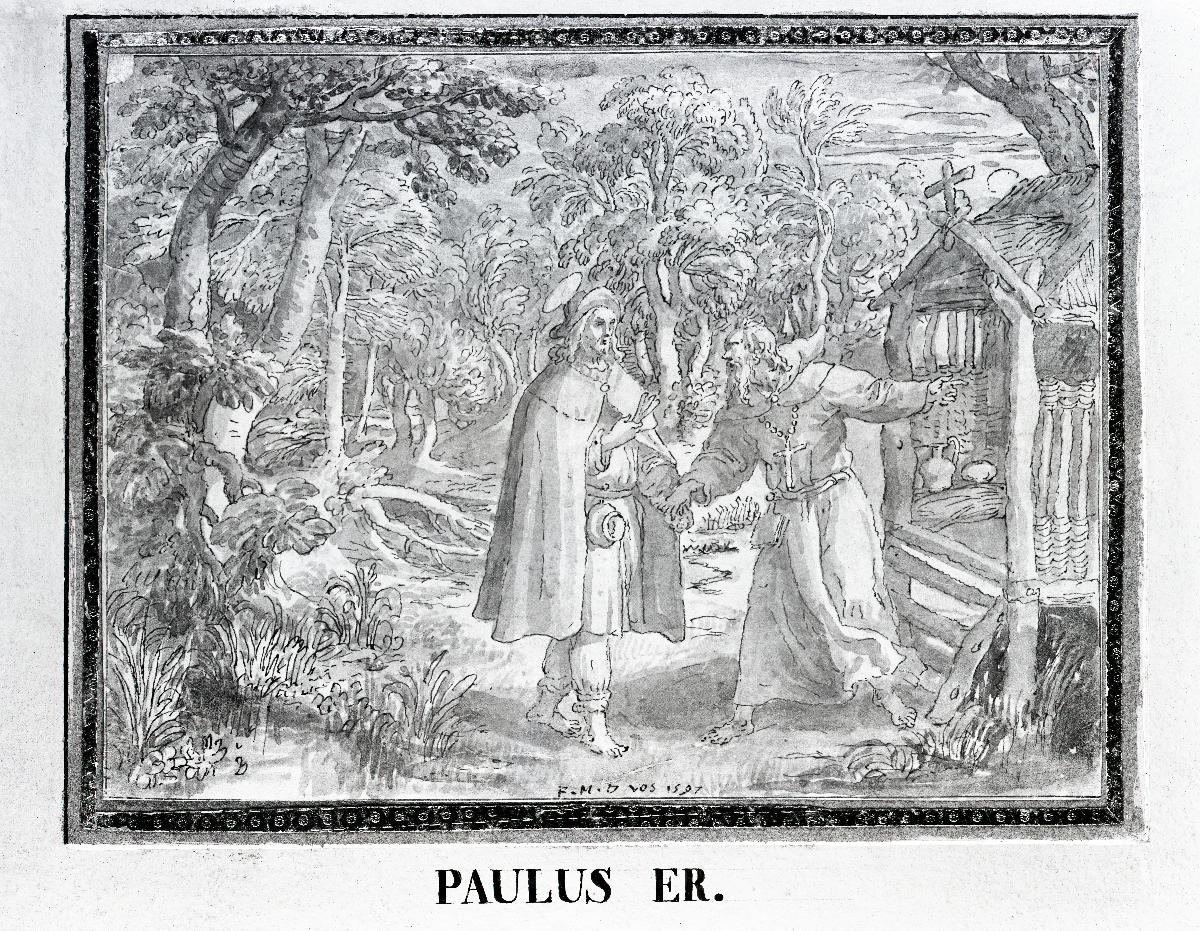 Paulus (Eshbinus) empfängt den Jakobus vor seiner Klause