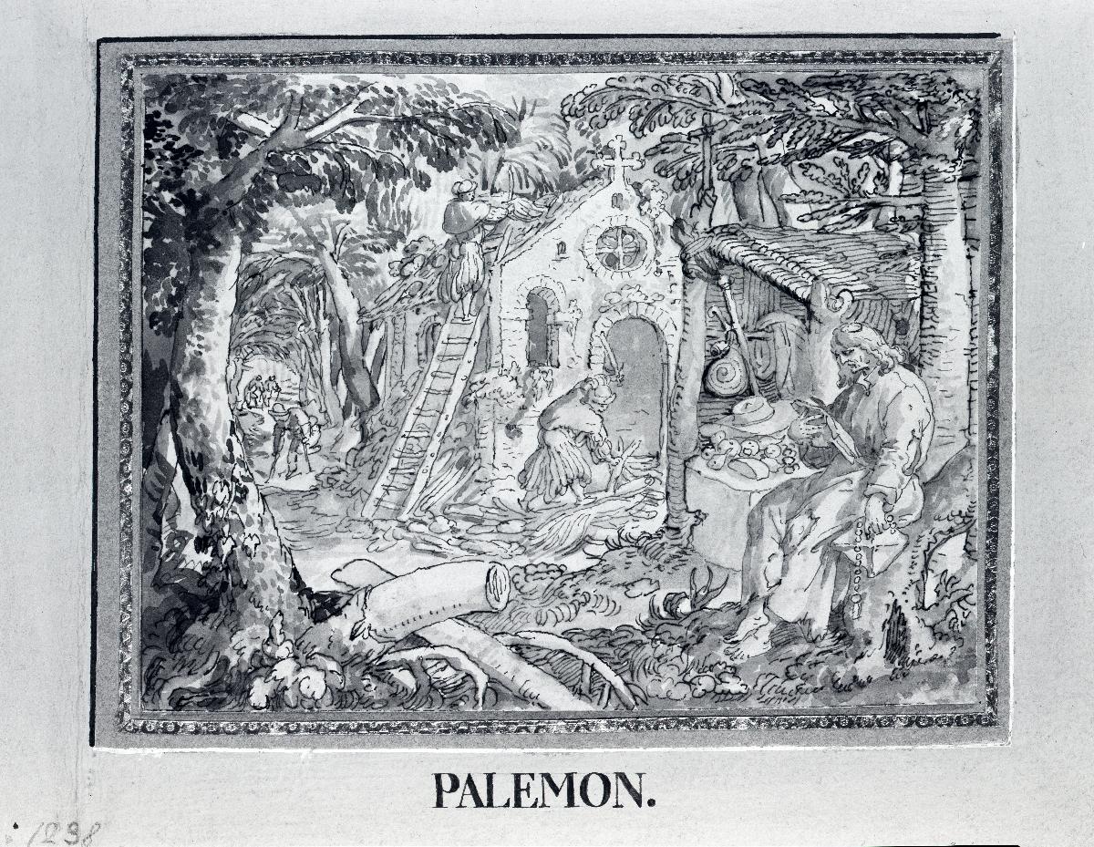Der hl. Palemon lesend vor seiner Klause. Im Hintergrund der Bau einer Kapelle