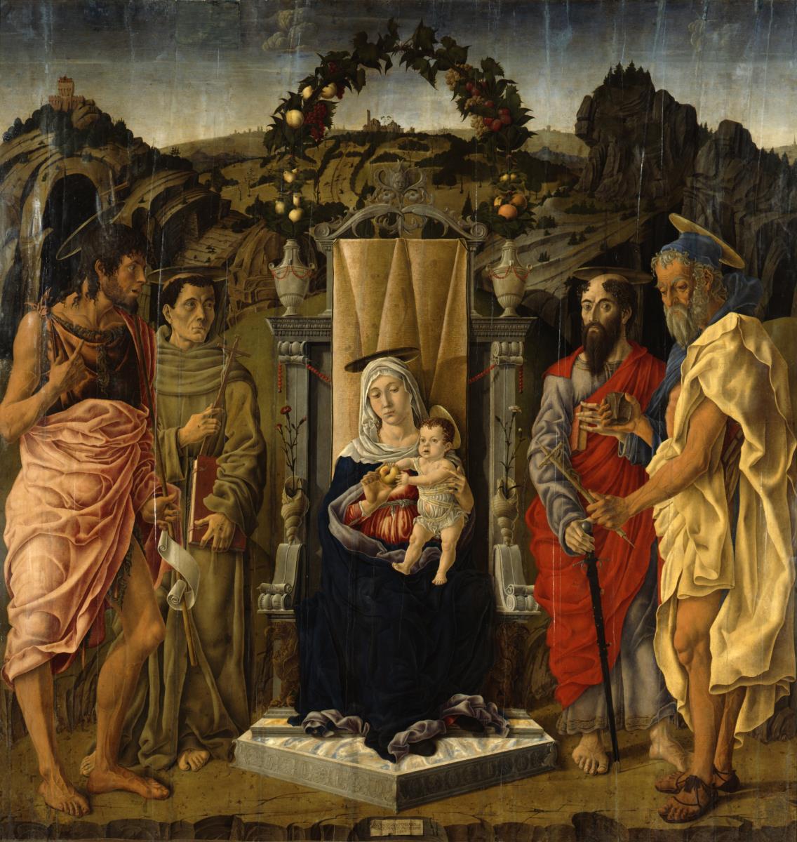 Thronende Maria mit dem Kind und den Heiligen Johannes der Täufer, Franziskus von Assisi, Paulus und Hieronymus