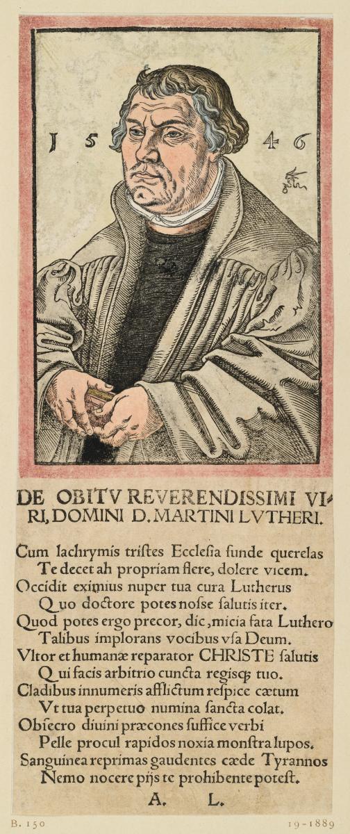 Martin Luther; Halbfigur zur Linken, ein Buch haltend