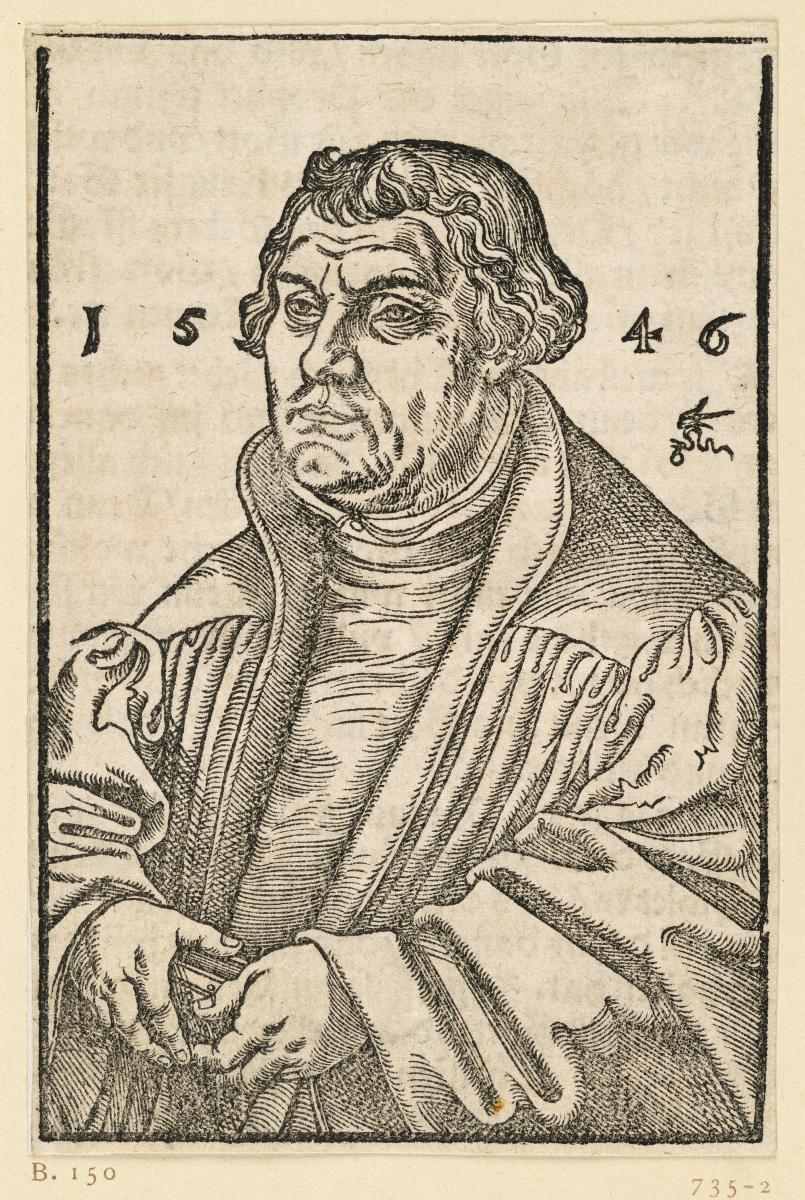 Martin Luther, ein Buch haltend, Halbfigur nach links