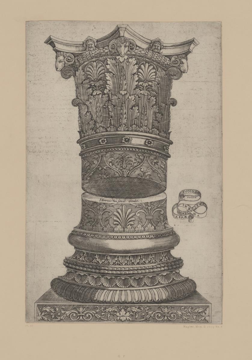 Je ein korinthisches Kapitell nebst Basis. 2 Bl. bez. mit Monogr. G. P. unter der Fußangel. Nagler, Mon. II 2679, unter Meister G. A. mit der Fußangel, Nr. 7-9.