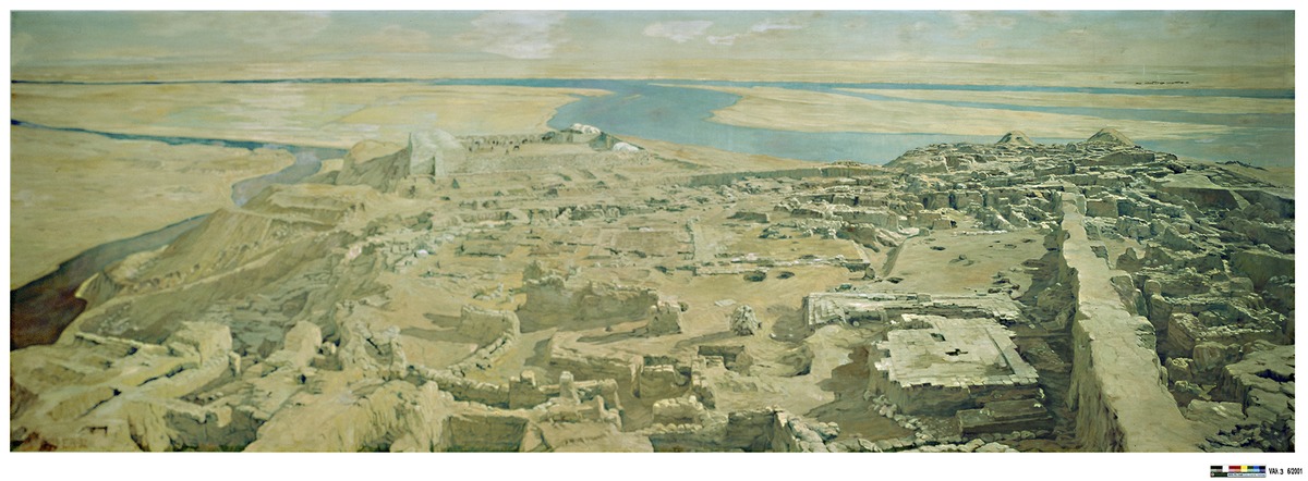 Wandgemälde mit dem Blick auf den Tempelbereich in Assur