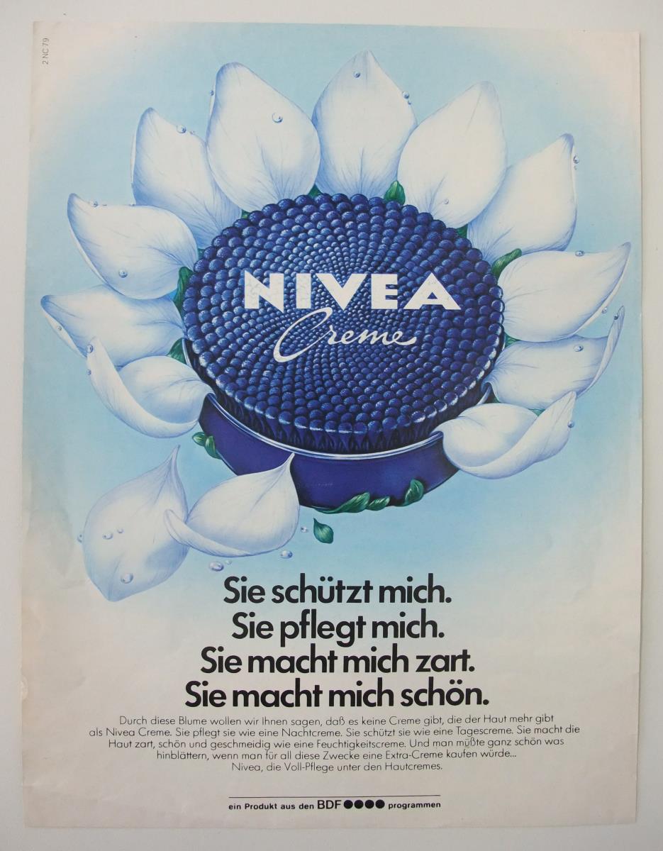 Nivea-Creme "Sie schützt mich. Sie pflegt mich. Sie macht mich zart. Sie macht mich schön."