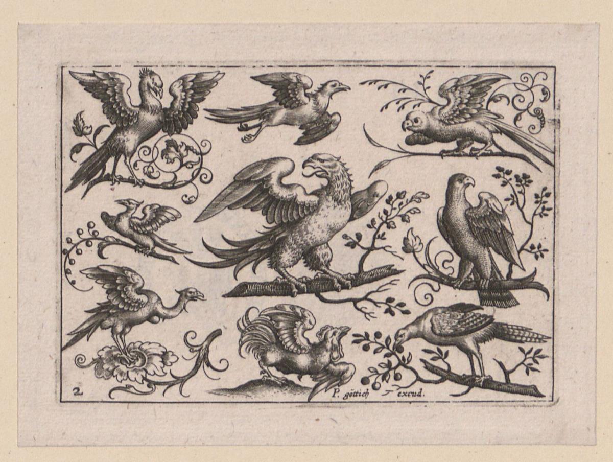Vögel auf kleinen z.T. ornamental gestalteten Zweigen