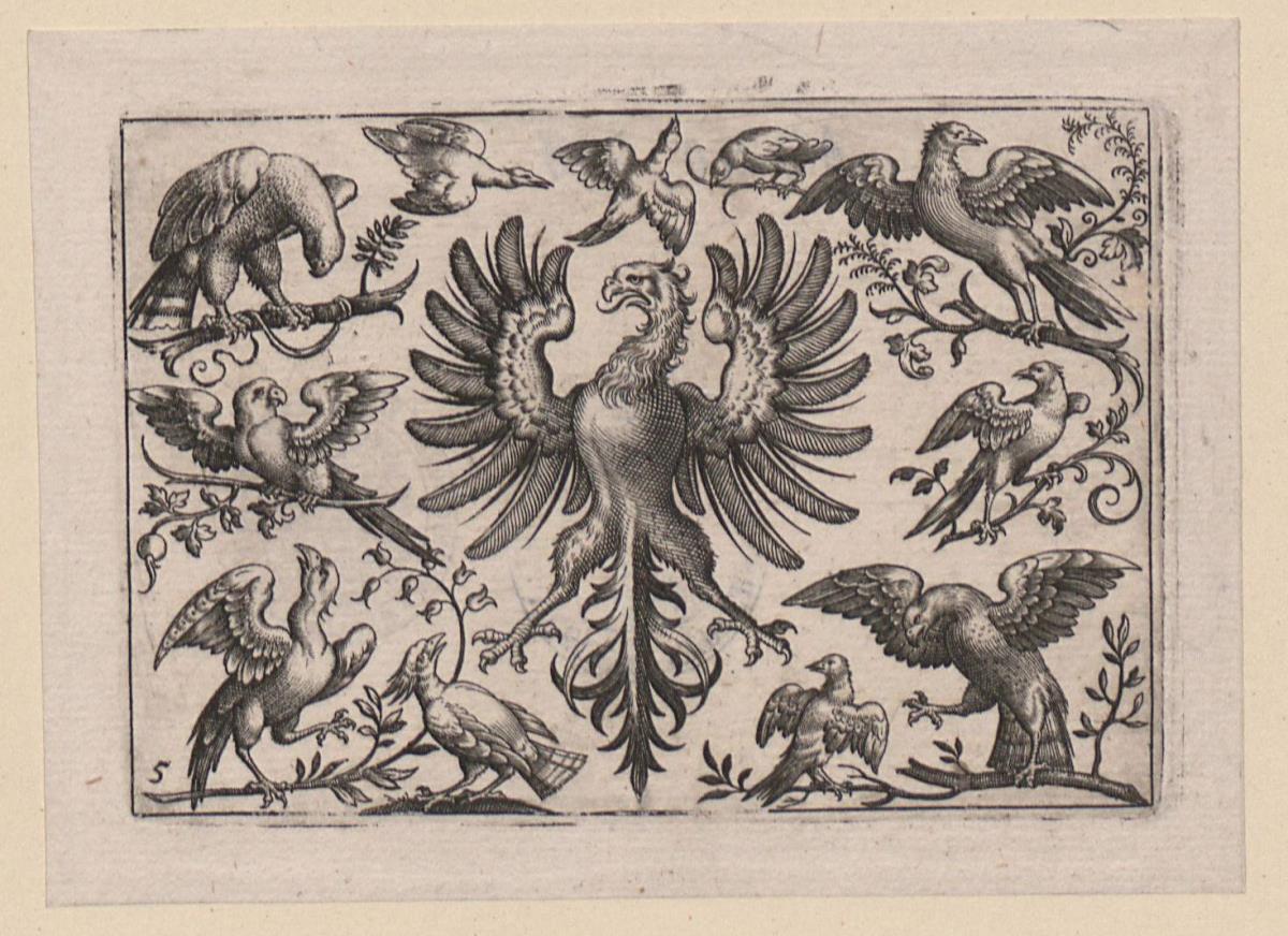 Vögel auf kleinen z.T. ornamental gestalteten Zweigen