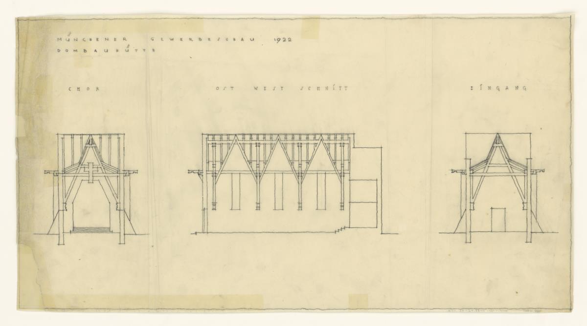 Gewerbeausstellung Dombauhütte, München, Querschnitt Chor, Ost-West-Schnitt und Querschnitt Eingang