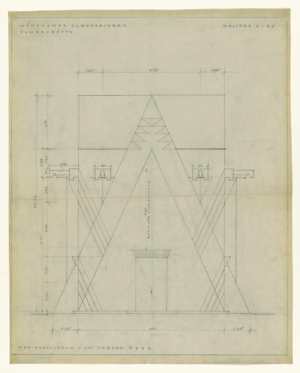 Gewerbeausstellung Dombauhütte, München, Querprofil mit Mauerstruktur der Eingangsstirnwand