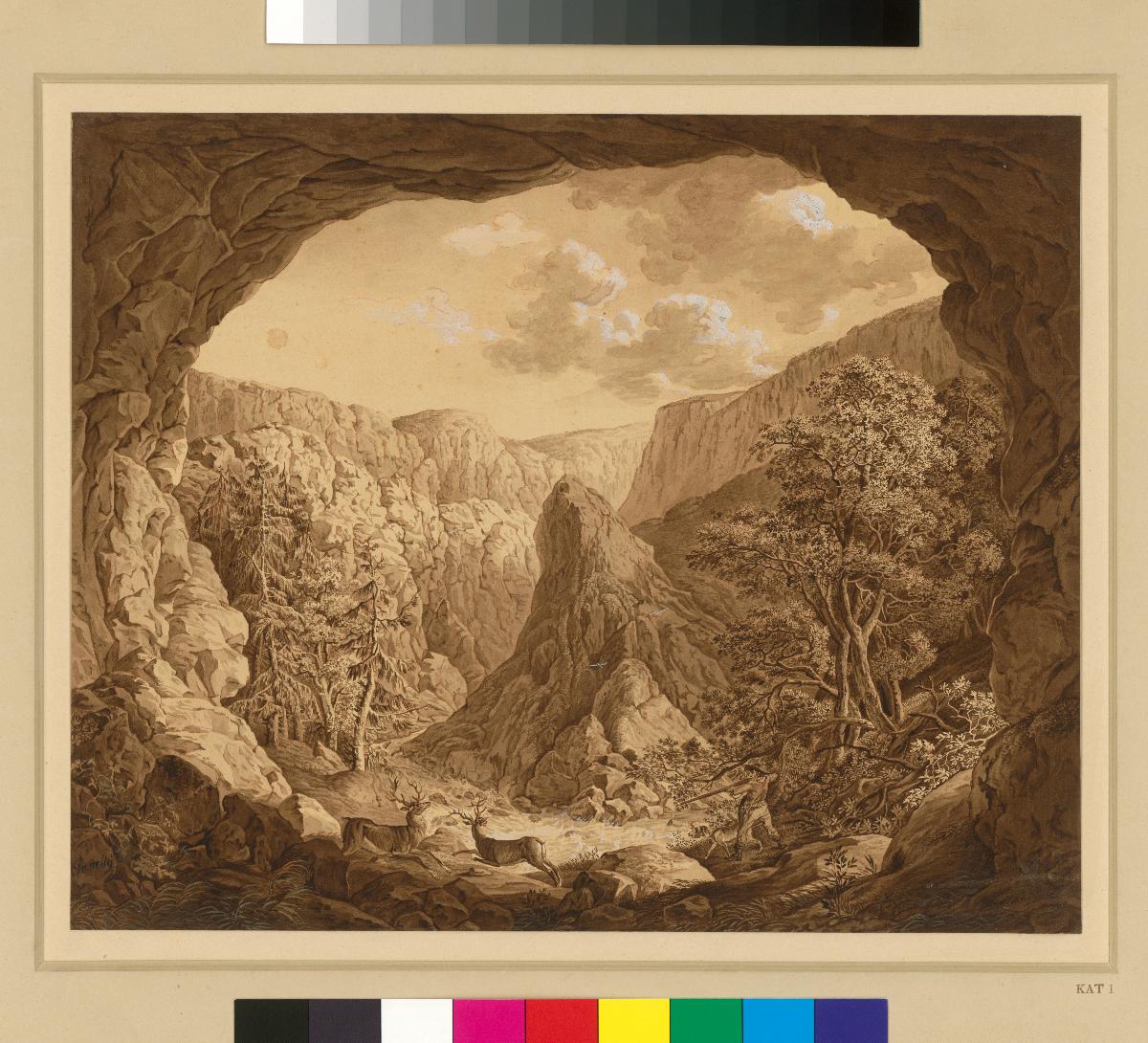Blick durch ein Felsentor auf eine Gebirgslandschaft mit Hirschjagd